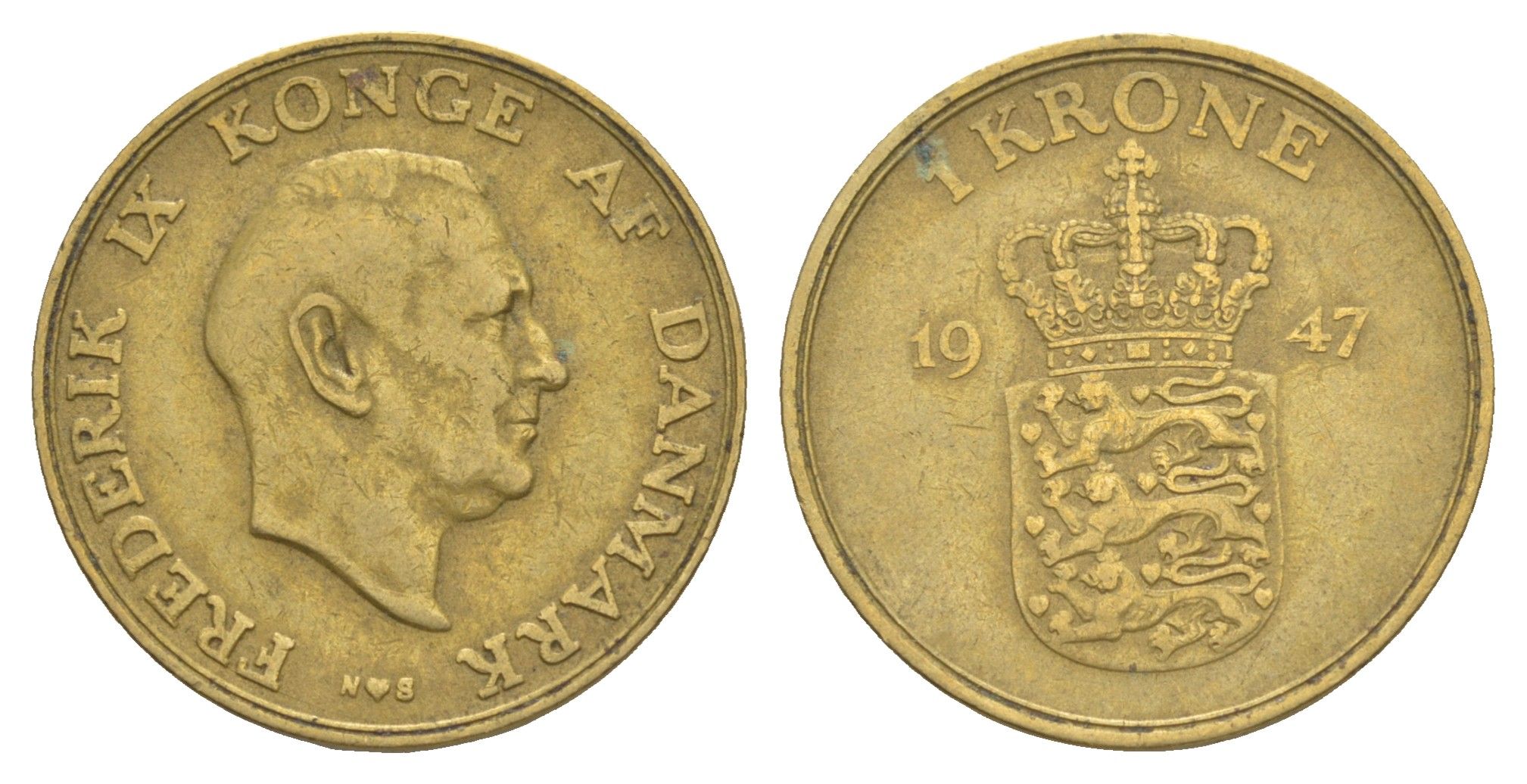 Дания 1 крона 1947 N, Фредерик IX (1947-1972) KM 837 алюминиевая бронза 4638-656