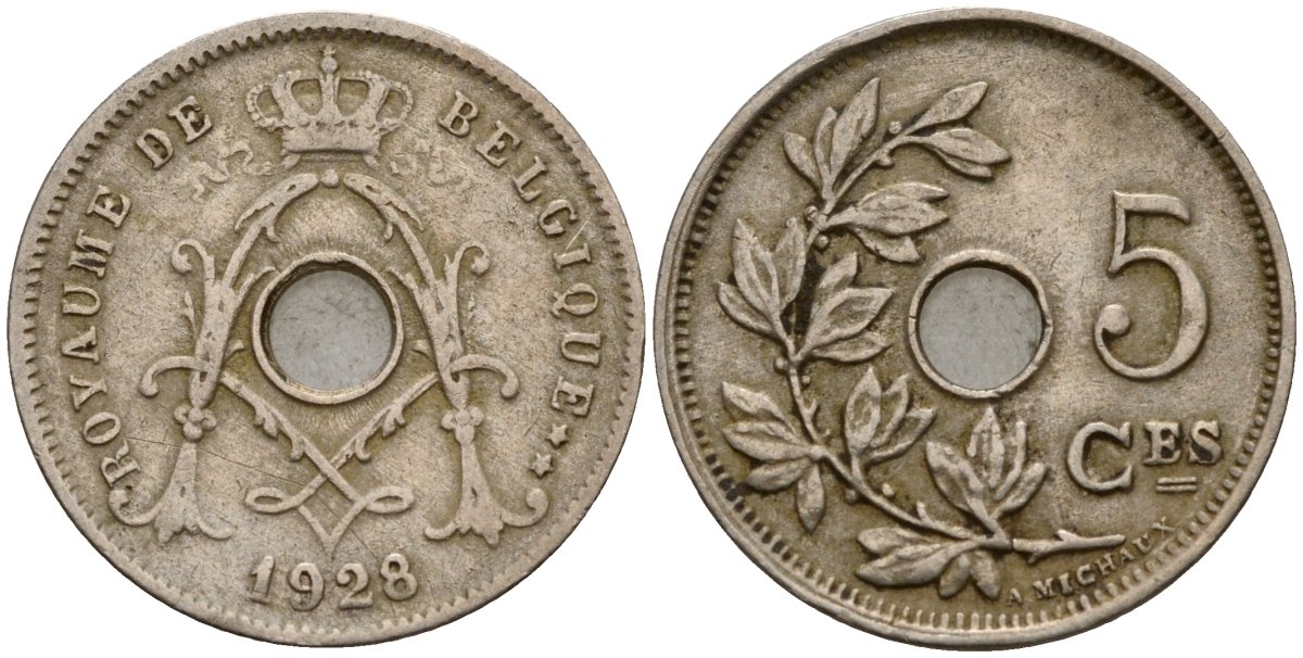 Бельгия 5 сантимов 1928 Royaume de Belgique KM 66 медно-никель 4189-753