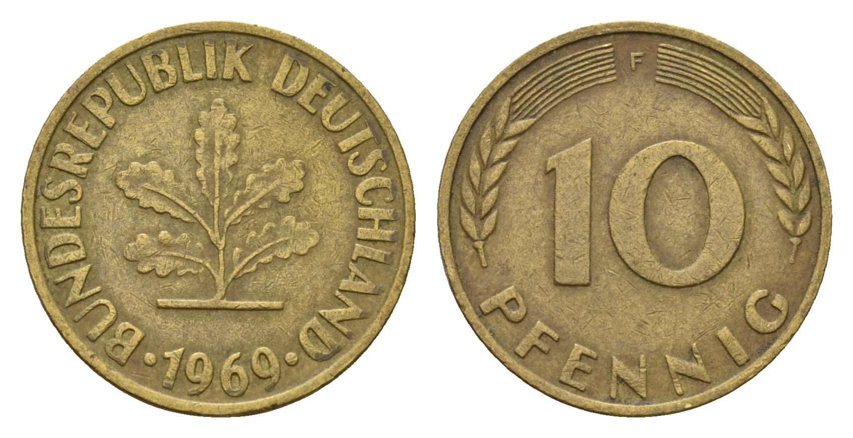 ФРГ 10 пфеннигов 1969 F KM 108, J. 383 сталь плакированная латунью 4684-1168
