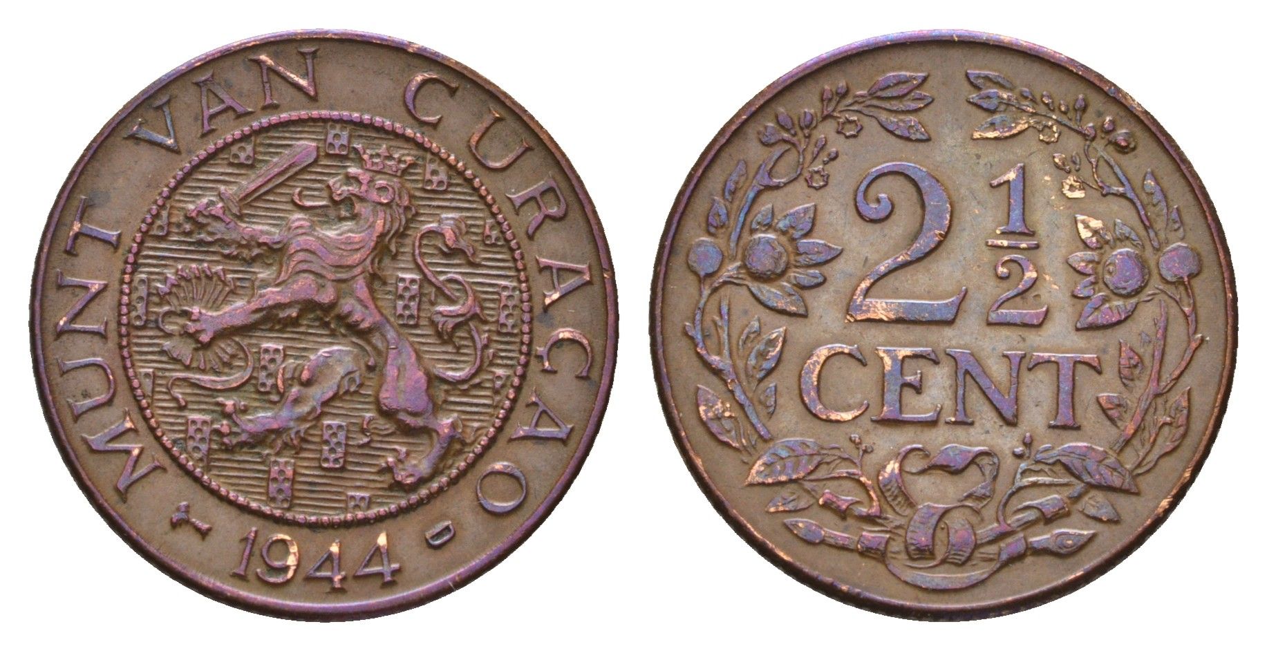 Нидерландское Кюрасао 2 1/2 цента 1944 KM 42 бронза 4678-924