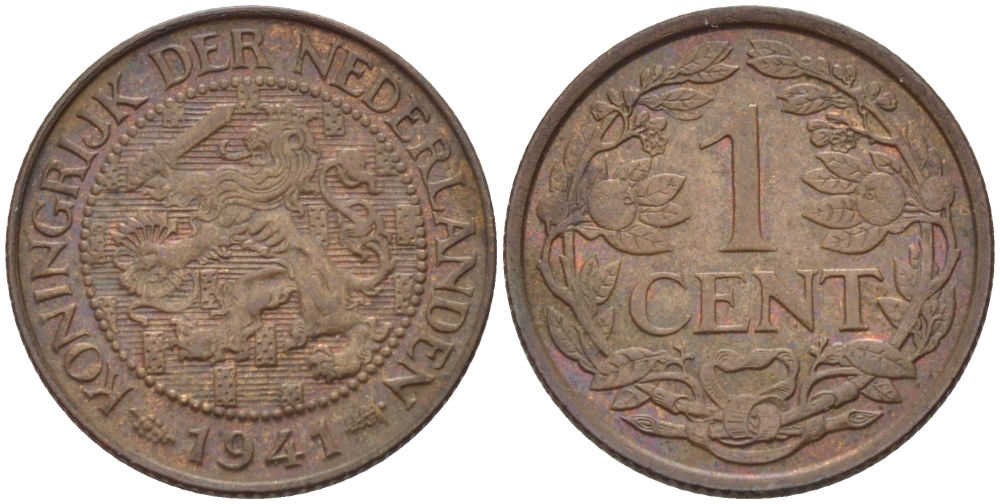 НИДЕРЛАНДЫ 1 ЦЕНТ 1941 ВИЛЬГЕЛЬМИНА (1890-1948) KM 152 бронза 39-117