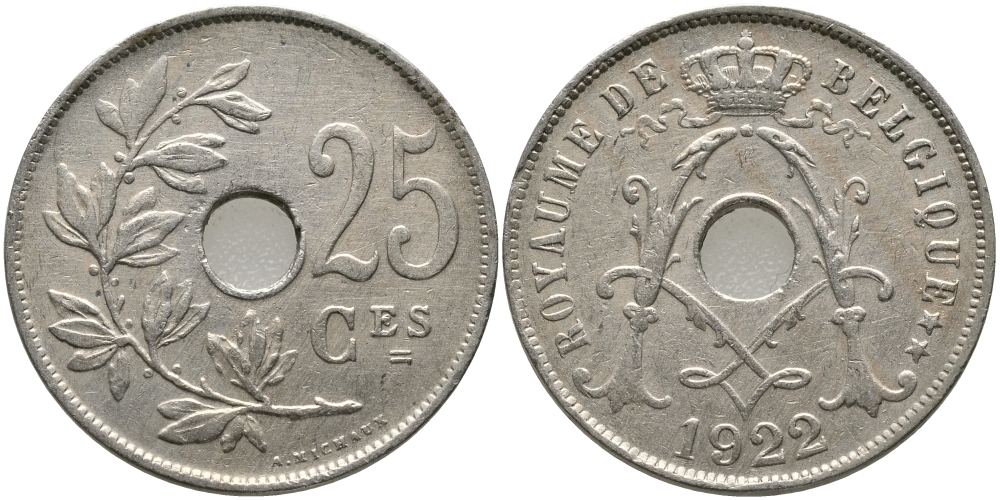 БЕЛЬГИЯ 25 САНТИМОВ 1922 BELGIQUE KM 68.1 медно-никель 83-1124