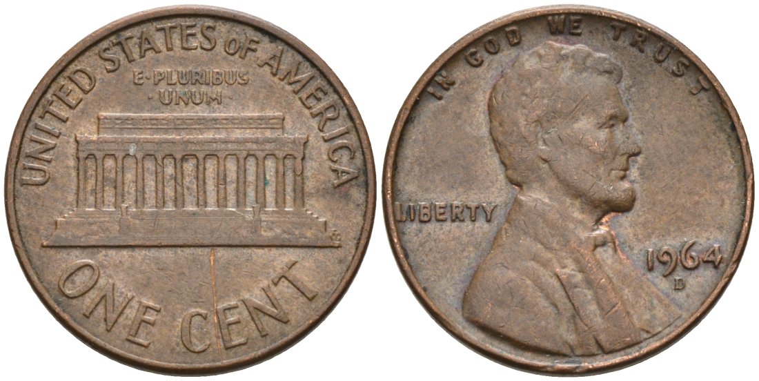 США 1 цент 1964 D, Линкольн KM 201 медь цинк 4564-439