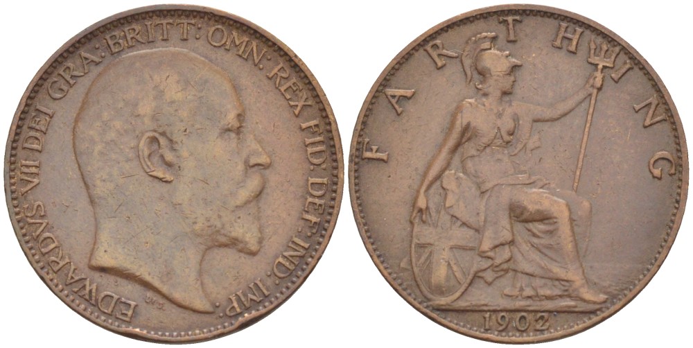 Великобритания 1 фартинг 1902 Эдуард VII (1901-1910), KM 792, Spink 3992 бронза 4543-946