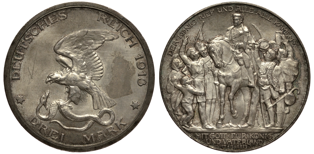 Пруссия 3 марки 1913 Вильгельм II (1888-1918), 100 лет победы над Наполеоном KM 534, J. 110 серебро 3711-1214