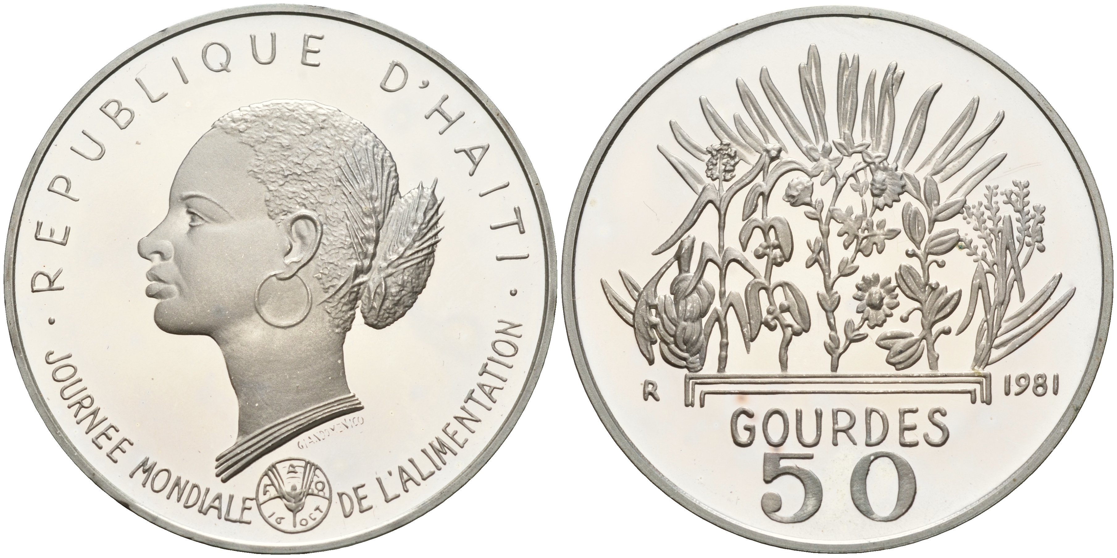 Гаити 50 гурдов 1981 50 лет FAO, голова женщины KM 149 серебро PROOF 1066-1-23