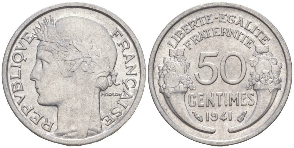 ФРАНЦИЯ 50 САНТИМОВ 1941 ТИП MORLON LOURDE KM 894.1a, LE FRANC 193.2 алюминий 44-223