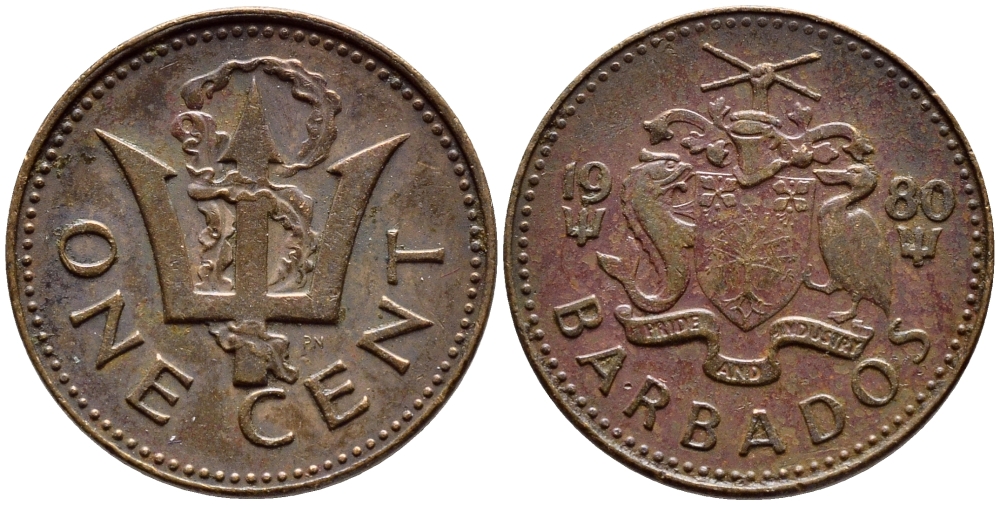 Барбадос 1 цент 1980 сломанный трезубец Британии KM 10 бронза 4396-1261