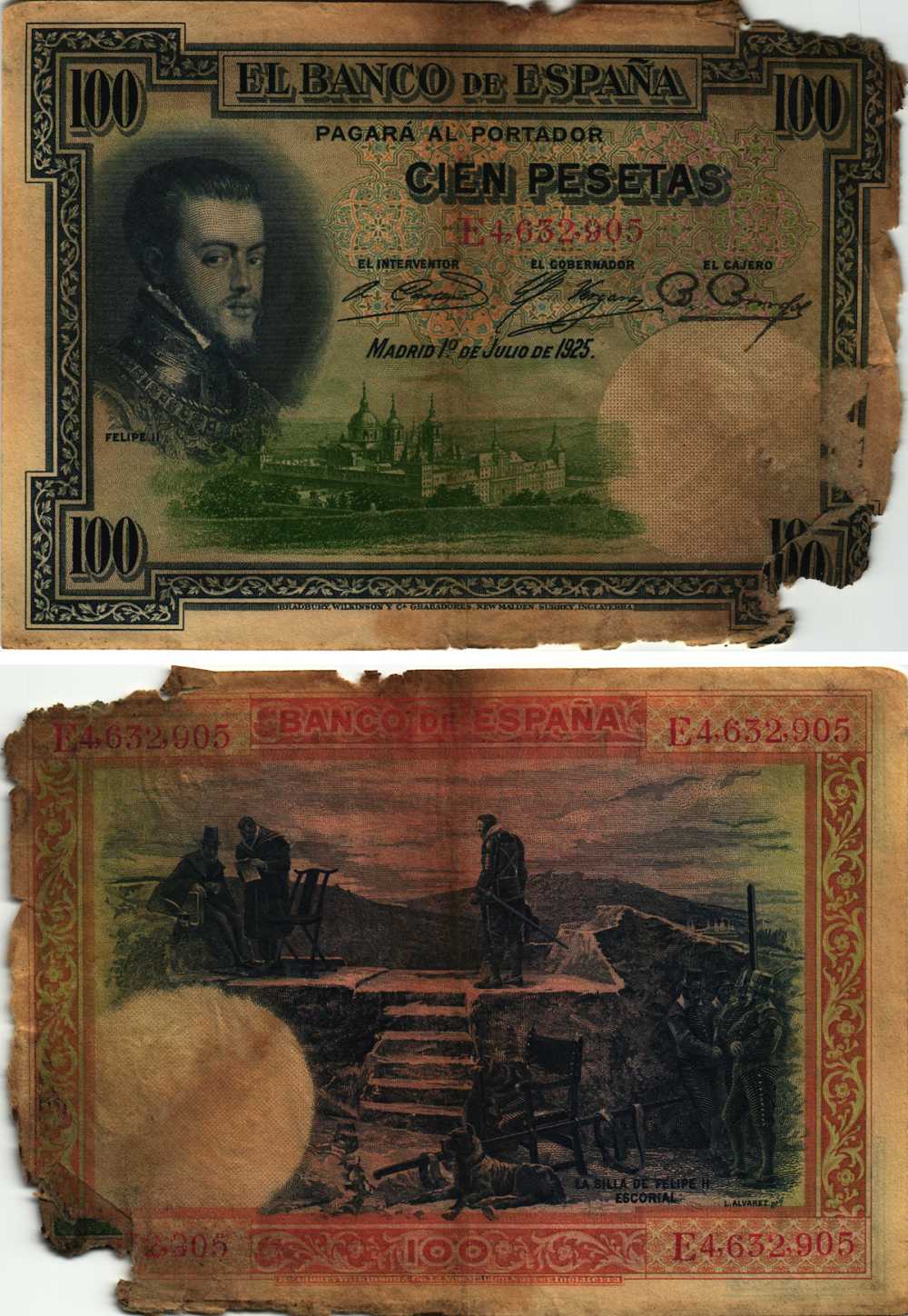 ИСПАНИЯ 100 ПЕСЕТ 1931 МАДРИД, 19 ИЮЛЯ 1925, ФИЛИПП II, СТУЛ ФИЛИППА II ЭСКОРИАЛ , СЕРИЯ E4632905 Pick 69b бумага 8609-40-2