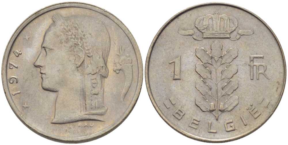 БЕЛЬГИЯ 1 ФРАНК 1974 BELGIE, БОДУЭН I (1951-1993) KM 143.1 медно-никель 202-1052