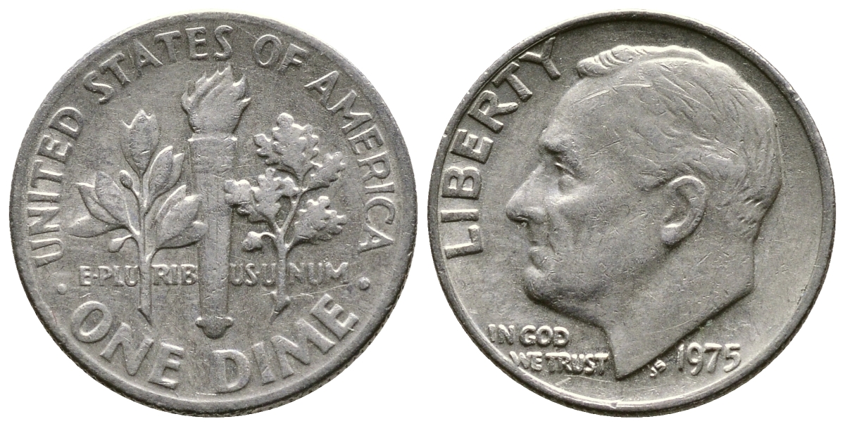 США 10 ЦЕНТОВ = 1 ДАЙМ 1975 РУЗВЕЛЬТ KM 195а медь плакированная медно-никелем 73-1532