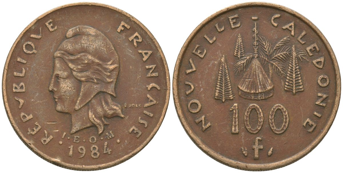 Французская Новая Каледония 100 франков 1984 хижина среди сосен и пальм, (IEOM) KM 15, Schoen 16, Lec 134 никель бронза 88-334