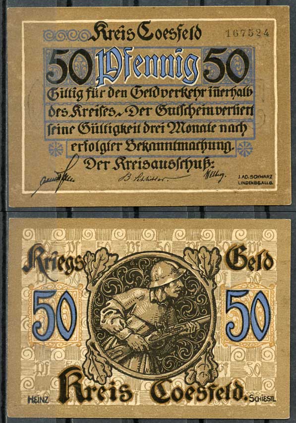Германия, Косфельд 50 пфеннигов 1918 нотгельд, 6 цифр в номере Tieste 1185.05.02 бумага UNC (пресс) 444-77-2-2