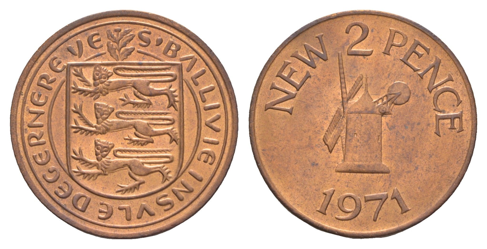 Гернси 2 новых пенса 1971 Елизавета II (1952-2022), ветряная мельница KM 22 бронза aUNC 4656-1051