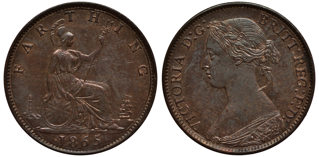 Великобритания 1 фартинг 1865 Виктория (1837-1901) KM 747.2, Spink 3958 бронза 1523-1241
