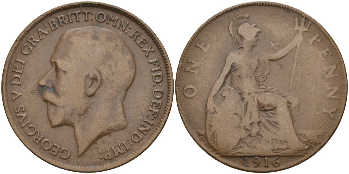 Великобритания 1 пенни 1916 Георг V (1910-1936) KM 810, Spink 4051 бронза 4149-716
