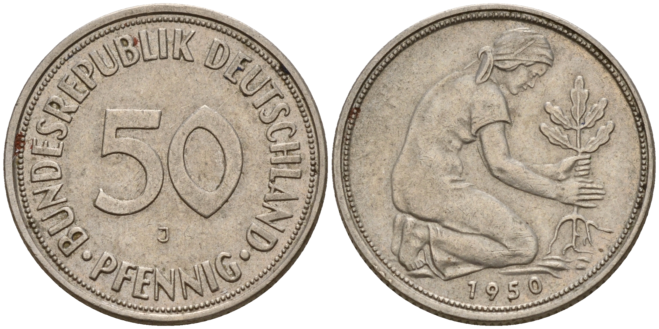 ФРГ 50 пфеннигов 1950 J J. 384, KM 109.1 медно-никель    4602-718