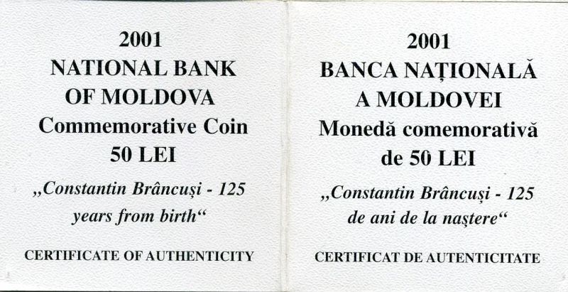 Молдова 50 лей 2001 125 лет со дня рождения Константин Бранкузи, тираж 1000 экземпляров, оригинальная коробка, сертификат серебро 7-6-1-40