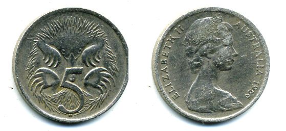 АВСТРАЛИЯ 5 ЦЕНТОВ 1966 ЕЛИЗАВЕТА II, МОЛОДОЙ ПОРТРЕТ, ЕХИДНА KM 64 медно-никель 46-2011