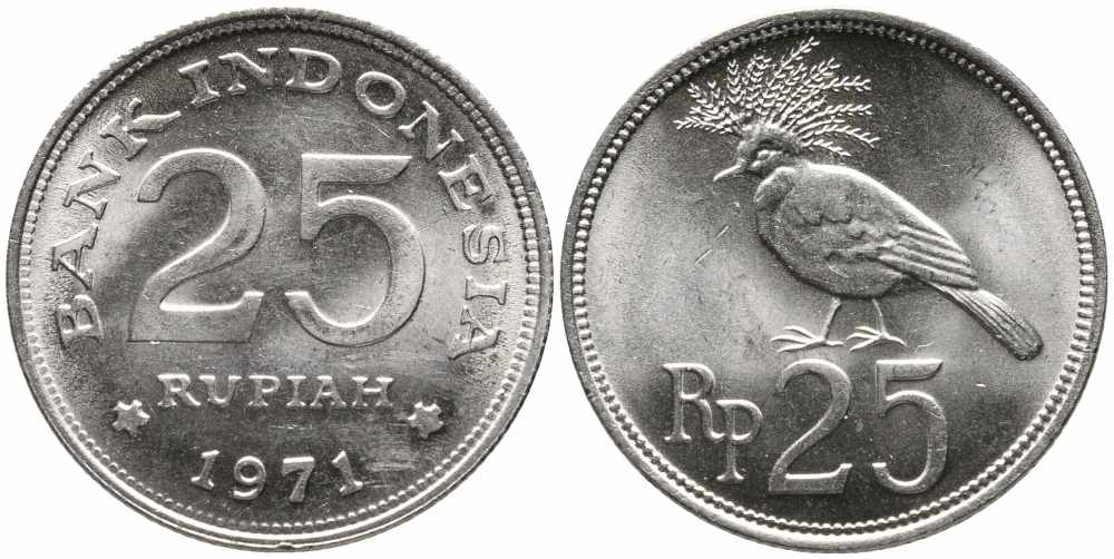 Индонезия 25 рупий 1971 венценосный голубь KM 34 медно-никель 86-1652