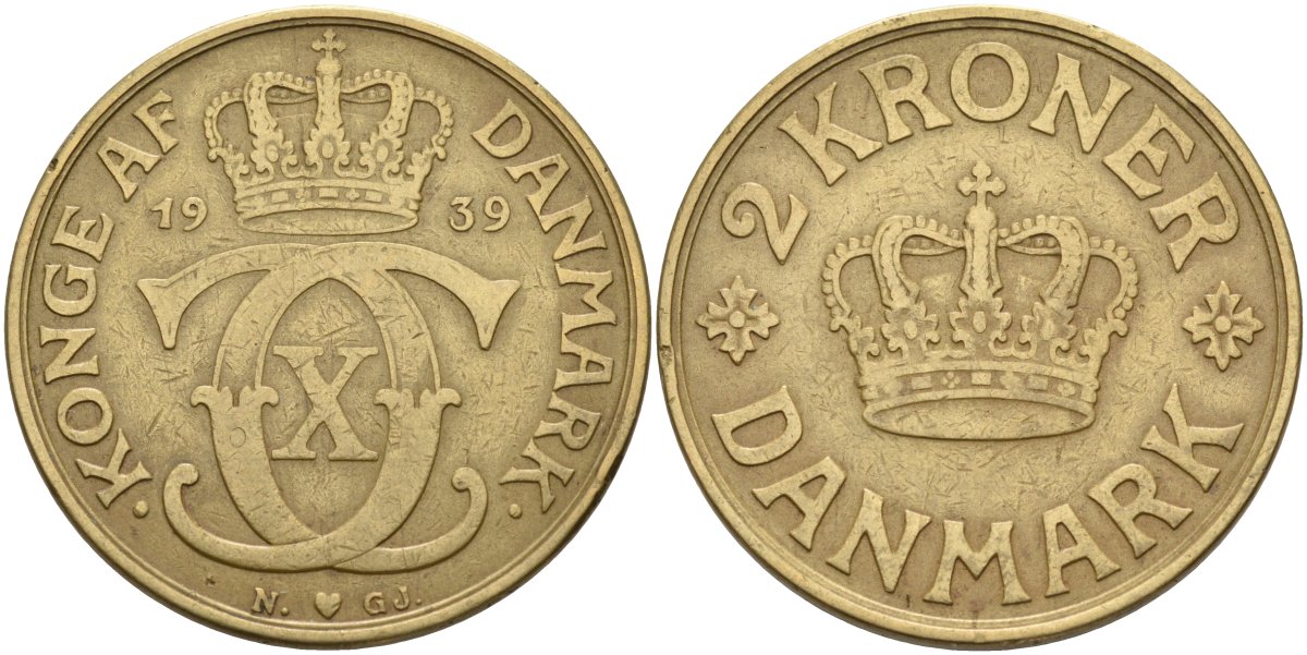 Дания 2 кроны 1939 Кристиан X (1912-1947) KM 825.2 алюминиевая бронза 4367-934