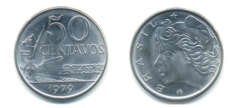 Бразилия 50 сентаво 1979 голова свободы влево KM 580b, Schon 85b нержавеющая сталь UNC 86-1052