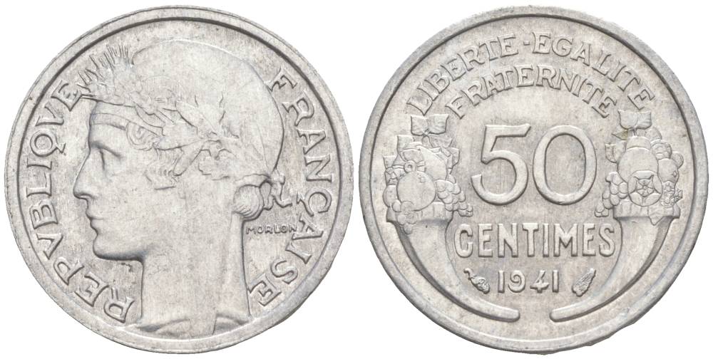 ФРАНЦИЯ 50 САНТИМОВ 1941 ТИП MORLON LOURDE KM 894.1a, LE FRANC 193.2 алюминий 44-228