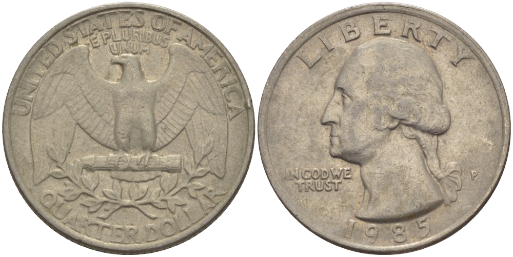 США 25 ЦЕНТОВ = КВОТЕР 1985 Р, ВАШИНГТОН KM А164а медь плакированная медно-никелем 31-746