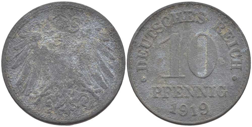 ГЕРМАНИЯ 10 ПФЕННИГОВ 1919 KM 26, J. 299 цинк 4401-142
