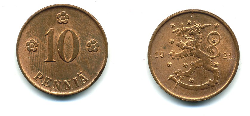 Финляндия 10 пенни 1921 республика (1918-1962) KM 24 медь 46-314