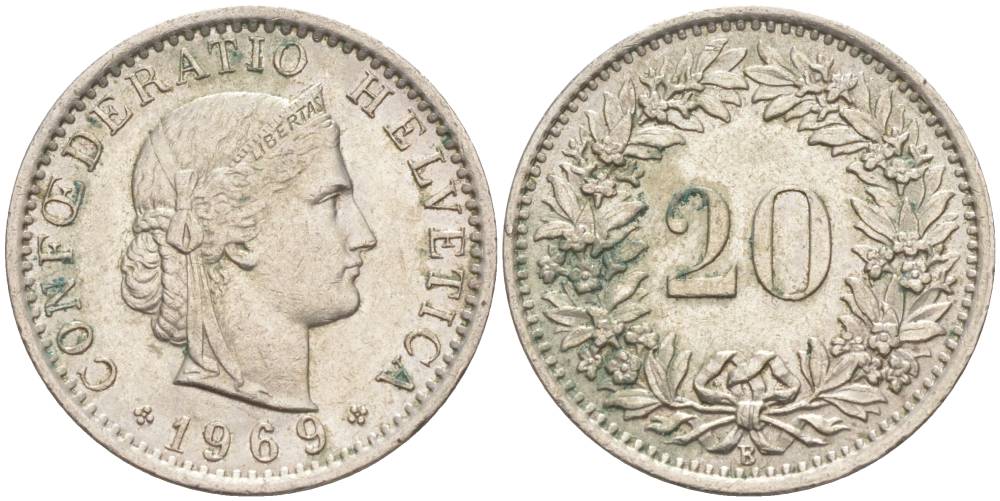Швейцария 20 раппенов 1969 В KM 29а медно-никель 55-857