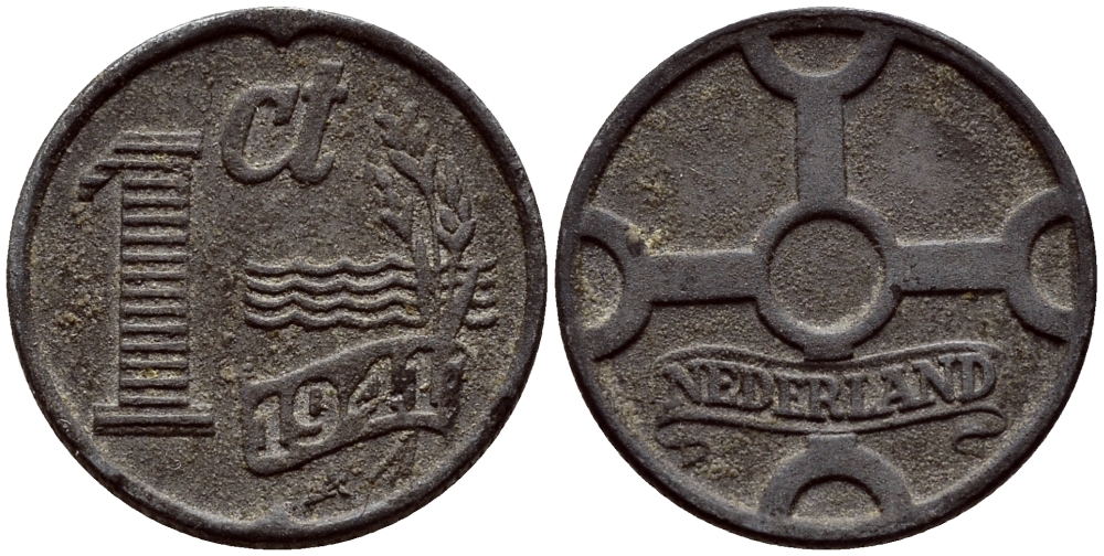 НИДЕРЛАНДЫ 1 ЦЕНТ 1941 ВИЛЬГЕЛЬМИНА (1890-1948) KM 170 цинк 46-333