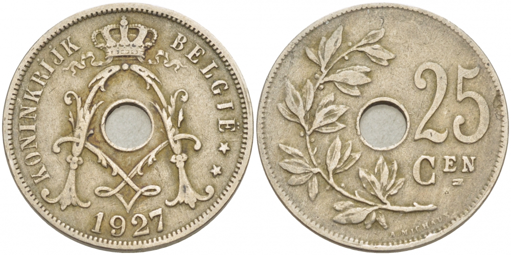 БЕЛЬГИЯ 25 САНТИМОВ 1927 BELGIE KM 69 медно-никель 87-1536