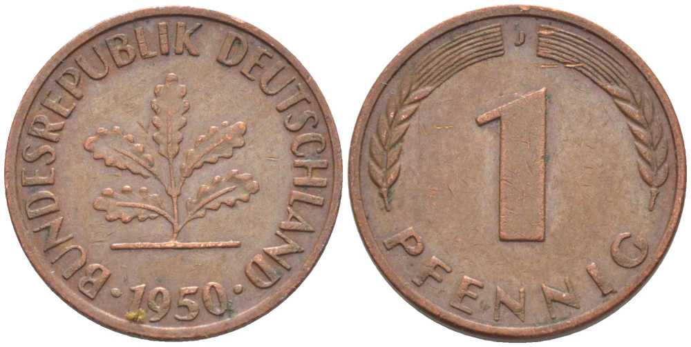 ФРГ 1 ПФЕННИГ 1950 J KM 105, J. 380 сталь плакированная медью 116-343