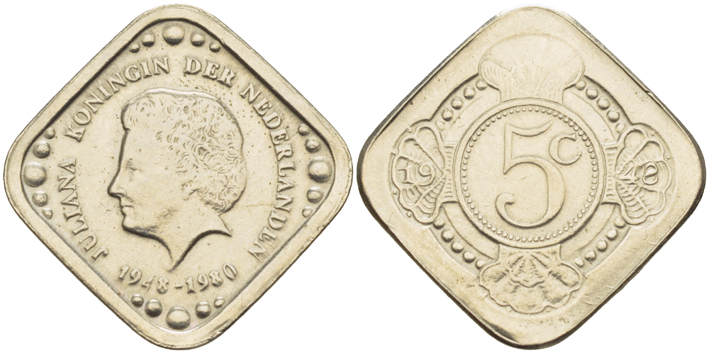 Нидерланды жетон 5 центов 1980 на смерть королевы Юлианы (1948-1980), размер 19,5Х19,5 мм. медно-никель UNC 85-411