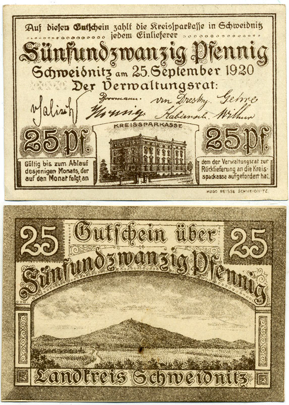 ШВЕЙДНИЦ (СВИДНИЦА ПОЛЬША) 25 ПФЕННИГОВ 1920 НОТГЕЛЬД, 25 СЕНТЯБРЯ 1920 Grabowski S61.2 бумага 7551-36-4-2