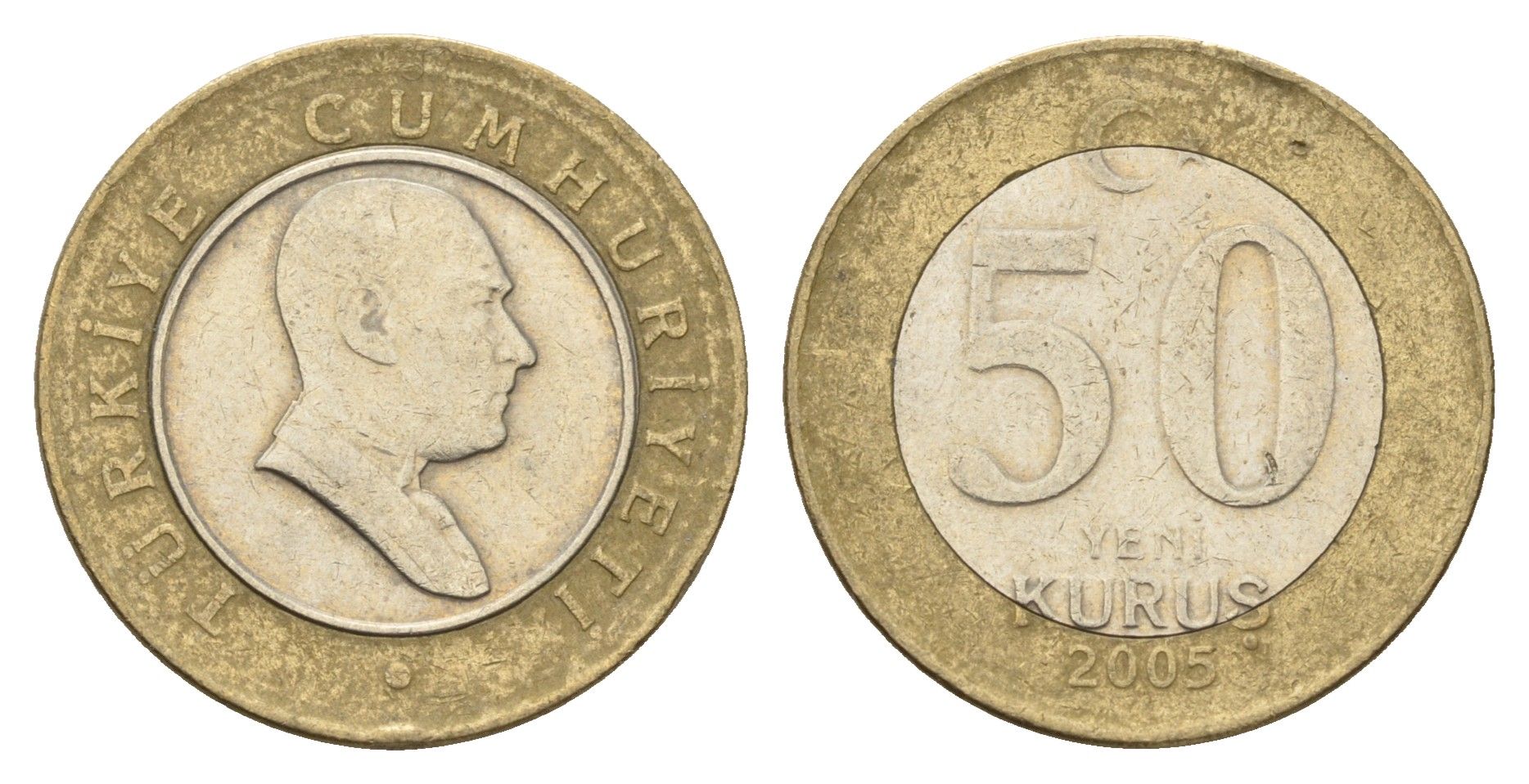 Турция 50 новых курушей 2005 Кемаль Ататюрк KM 1168 биметалл 4675-214