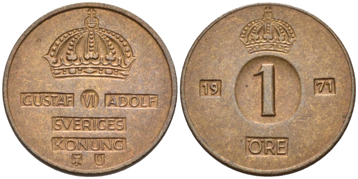Швеция 1 эре 1971 Густав VI Адольф (1950-1973) KM 820 бронза 4580-1063