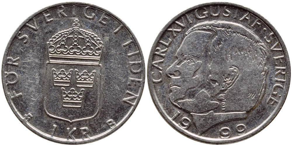 Швеция 1 крона 1999 Карл XVI Густав (1973- ) KM 852a медно-никель 4385-856
