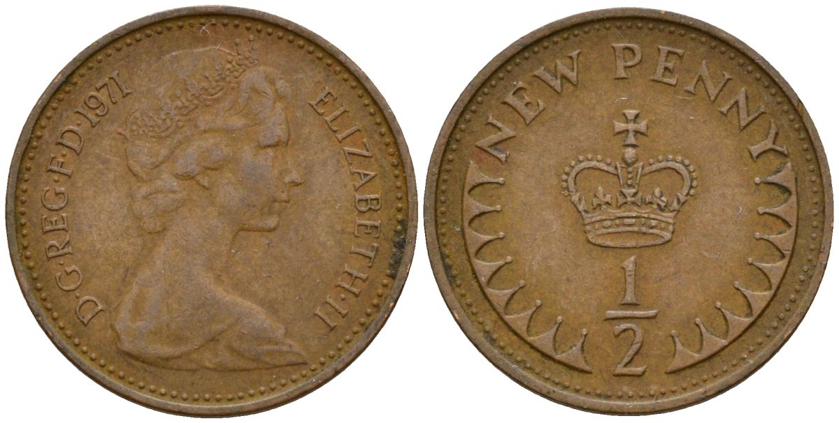 Великобритания 1/2 пенни 1971 Елизавета II (1952-2022) KM 914, Spink 4239 бронза 4152-412