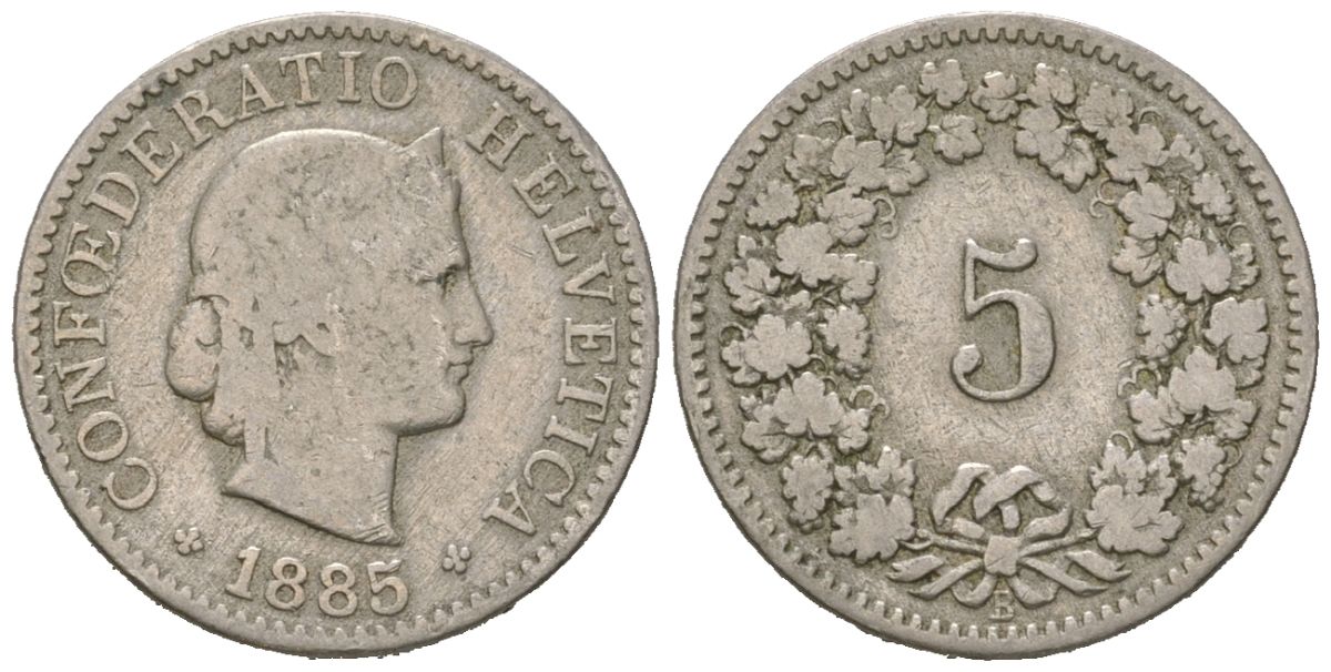 Швейцария 5 раппенов 1885 B KM 26 медно-никель 39-123