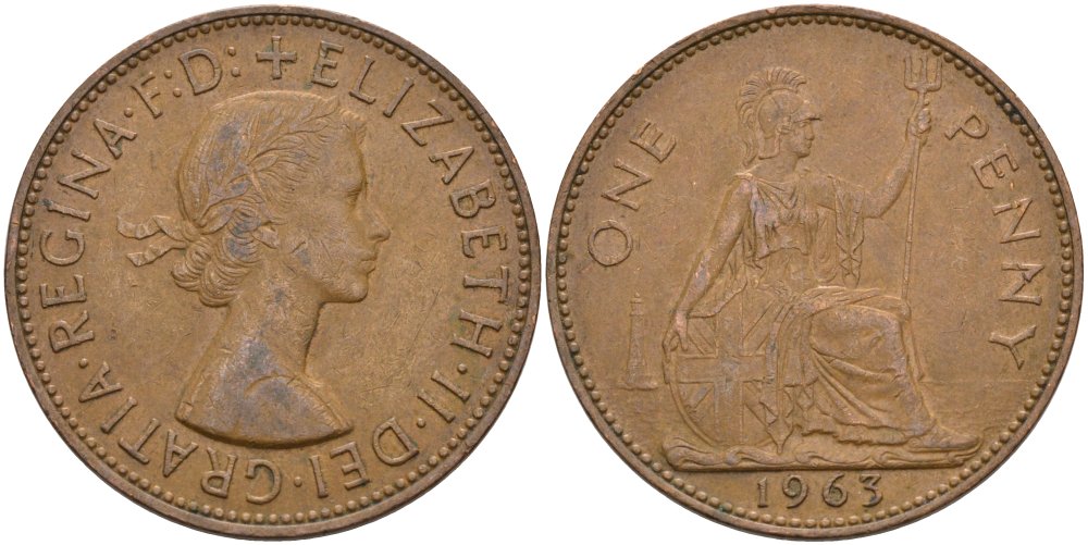 Великобритания 1 пенни 1963 Елизавета II (1952-2022) KM 897, Spink 4157 бронза 4574-222