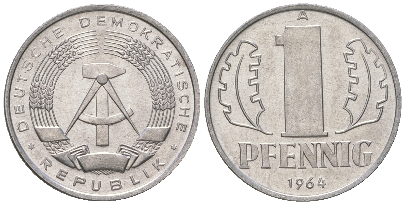 ГДР 1 пфенниг 1964 А KM 8.1 алюминий UNC 3458-269