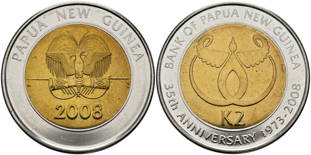 Папуа-Новая Гвинея 2 кина 2008 35 лет Центральному банку Папуа-Новой Гвинеи KM 51 биметалл UNC M45-09