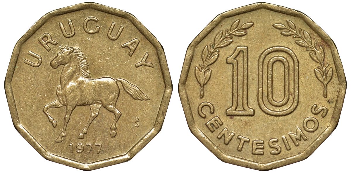 Уругвай 10 сентесимо 1977 KM 66 алюминиевая бронза 4164-755