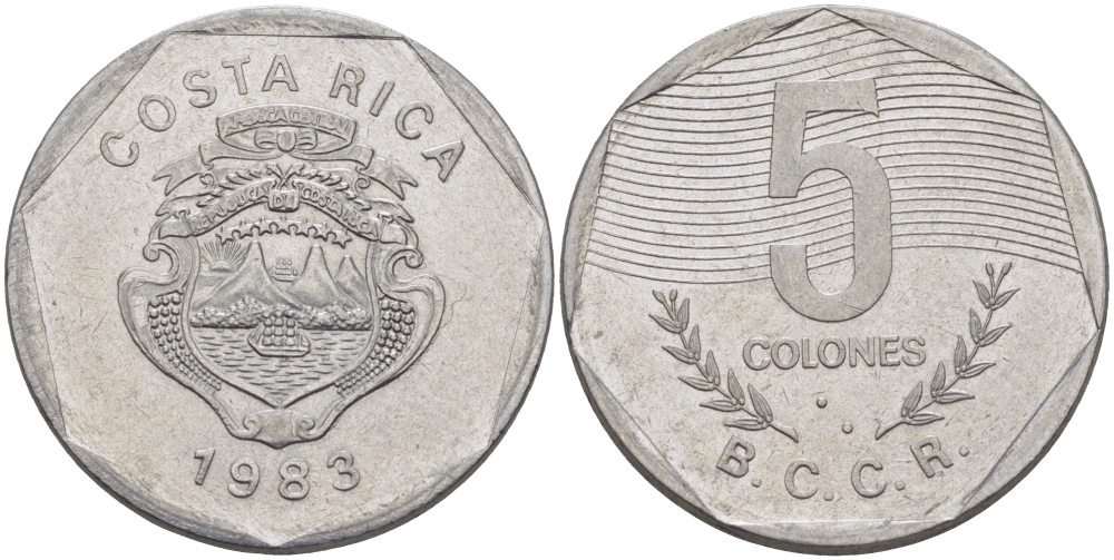 КОСТА-РИКА 5 КОЛОНОВ 1983 В.С.С.R. KM 214.1 нержавеющая сталь 82-945