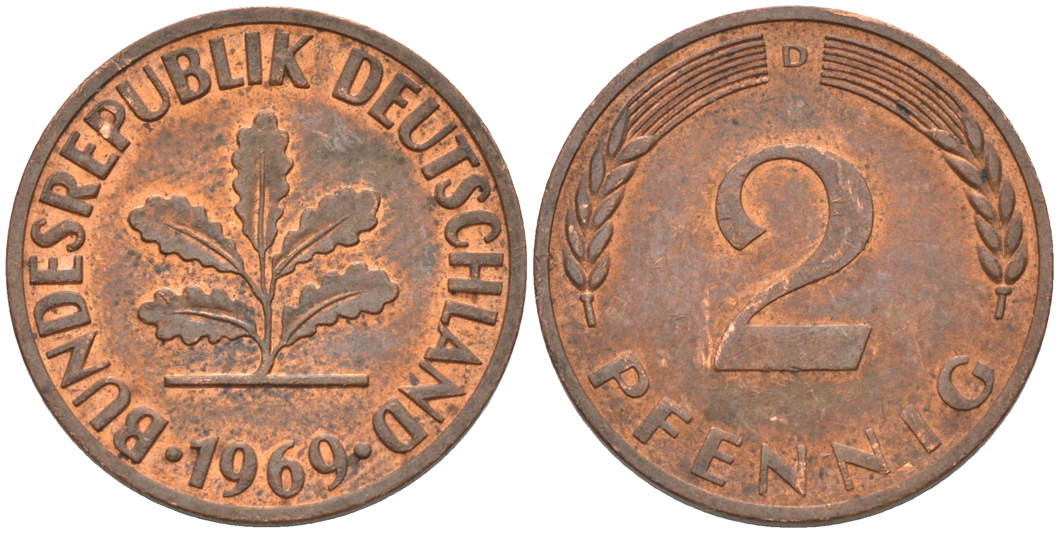 ФРГ 2 пфеннига 1969 D KM 106а, J. 381а сталь плакированная медью 55-1222