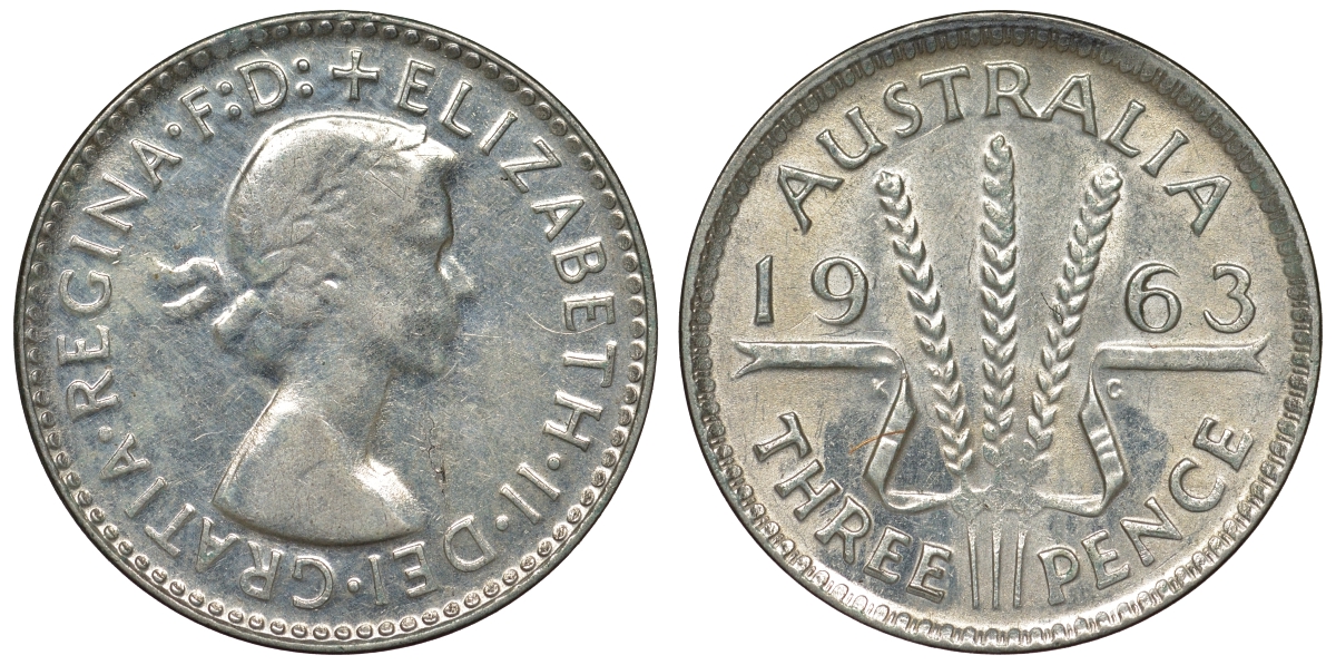 Австралия 3 пенса 1963 m, Елизавета II (1952-2022) KM 57 серебро 71-869