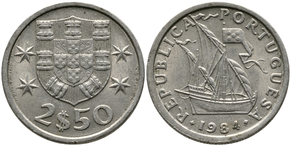 Португалия 2,5 эскудо 1984 парусник KM 590 медно-никель 99-1165