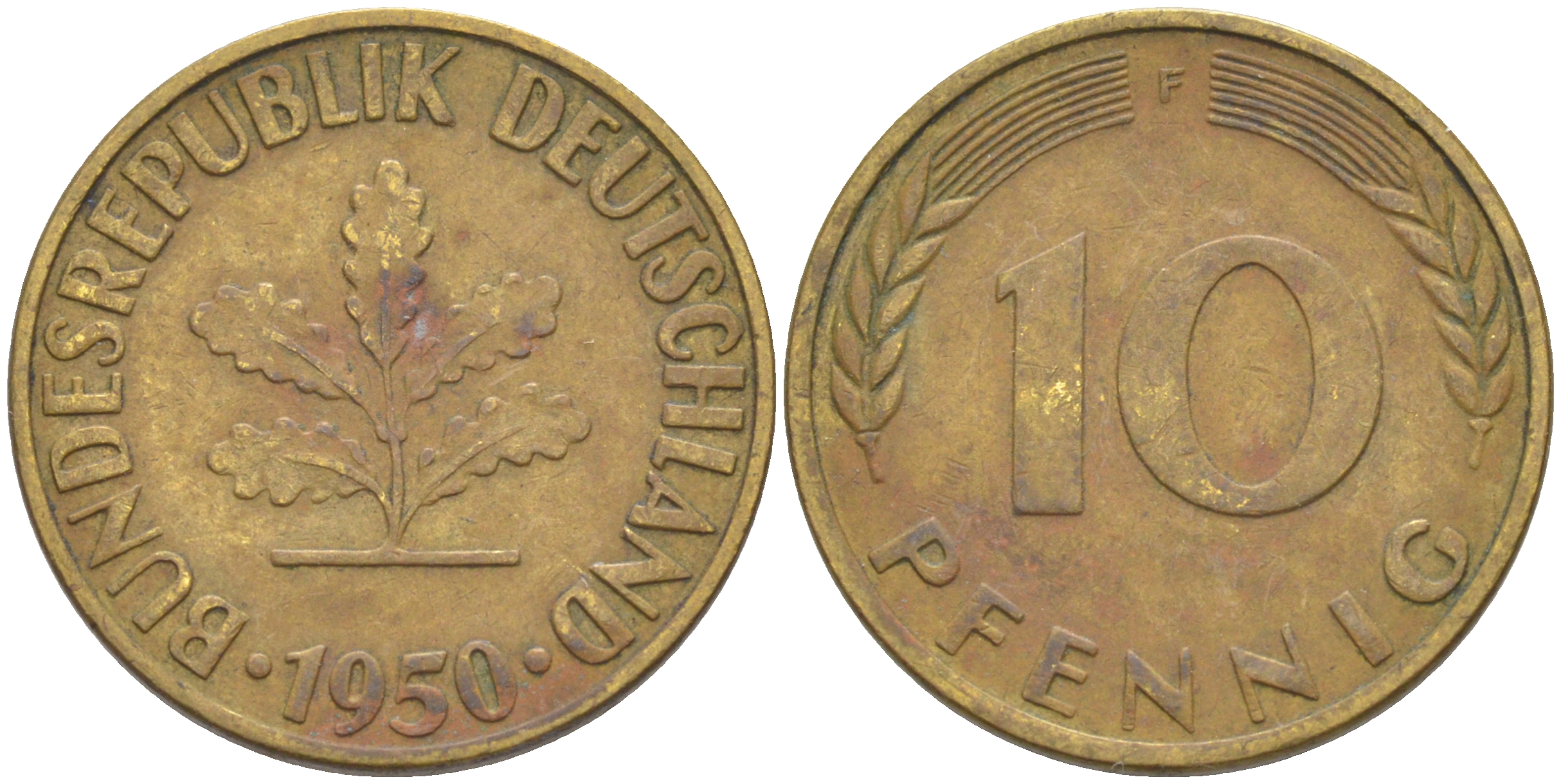 ФРГ 10 пфеннигов 1950 F KM 108, J. 383 сталь плакированная латунью 53-1057